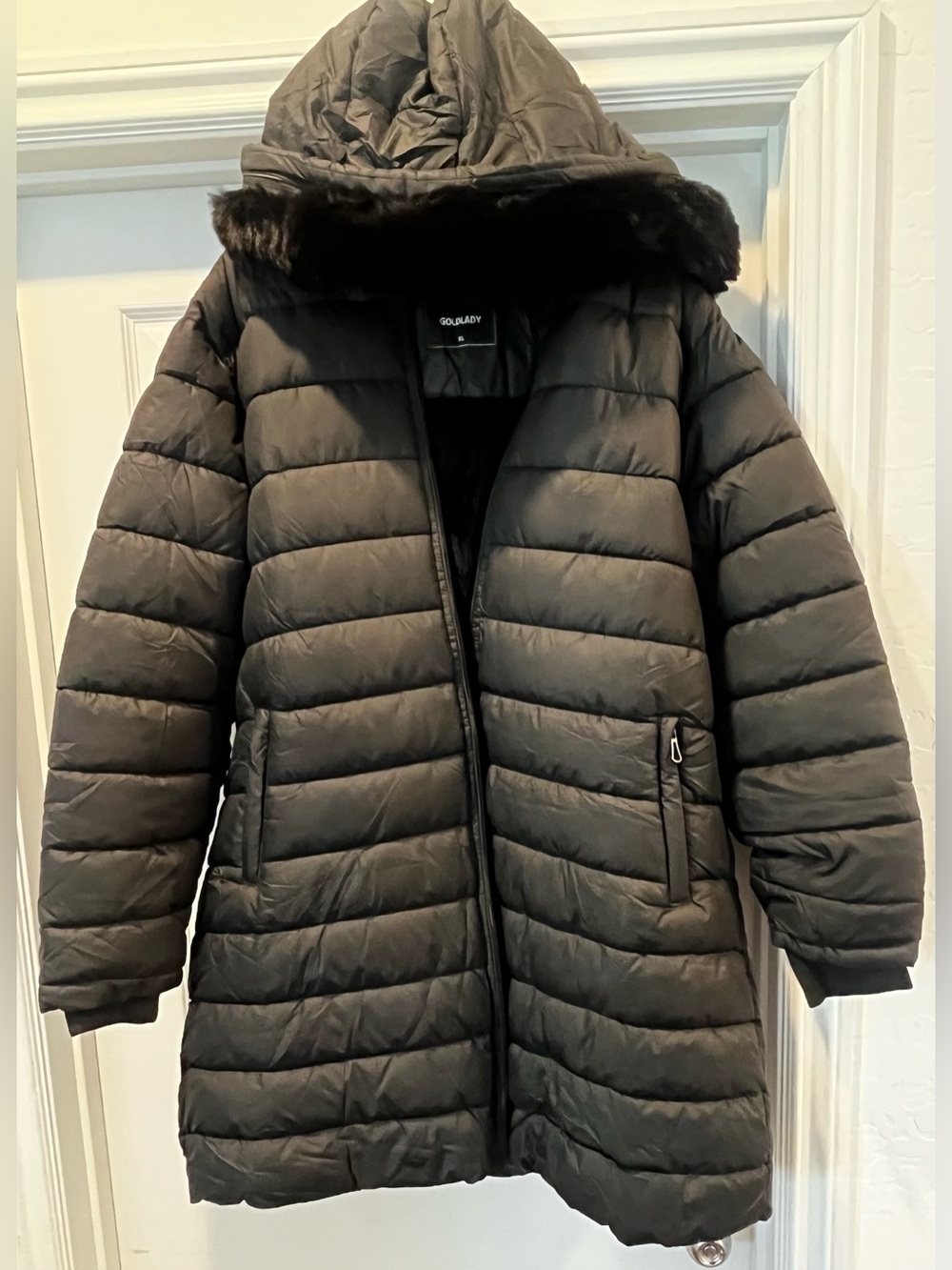 Women’s Black Hooded Long Puffer Coat with Faux Fur Trim - Picture 4 of 5